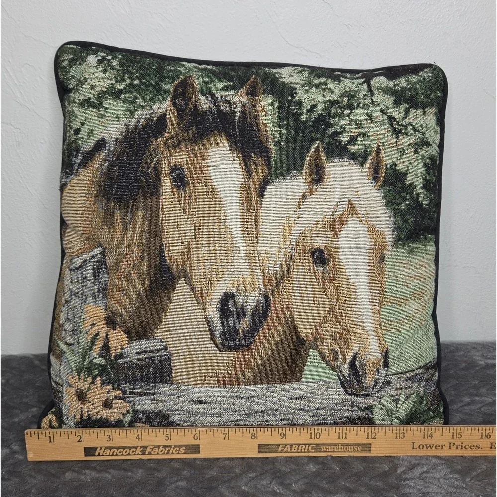 Vintage Two Horses Linda Picken Tapestry Throw Pillow Equestrian Cottage Signed